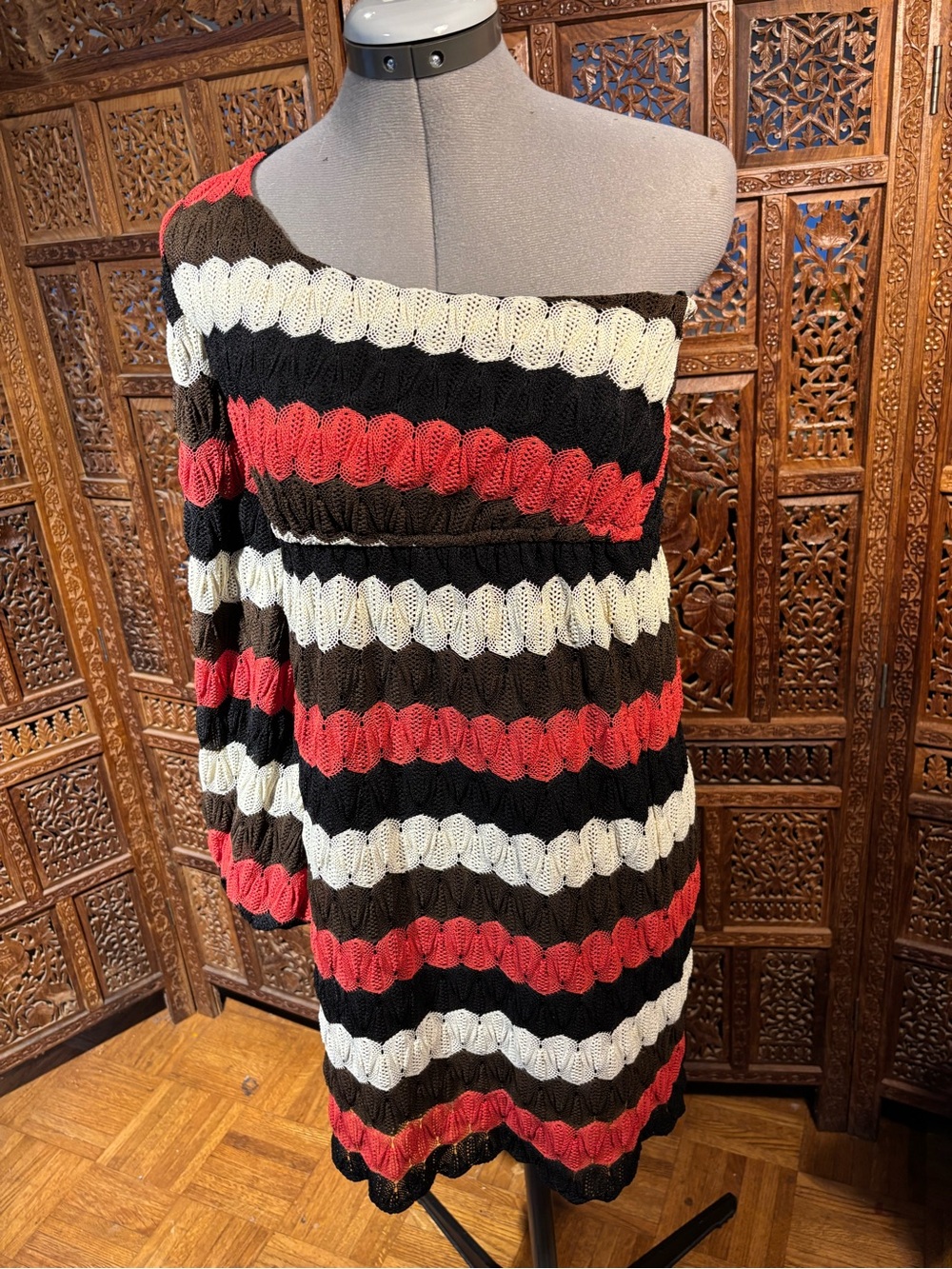 Judith March One-Shoulder Striped Midi Dress in Black, Cream & Red